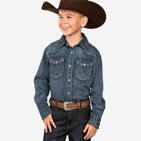 Wrangler Denim Snap Anitque Blue - Kids Boys Shirt - Bs1039W