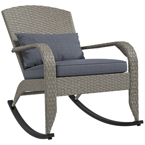 Outsunny Outdoor Wicker Adirondack Rocking Chair with Seat Cushion Pillow