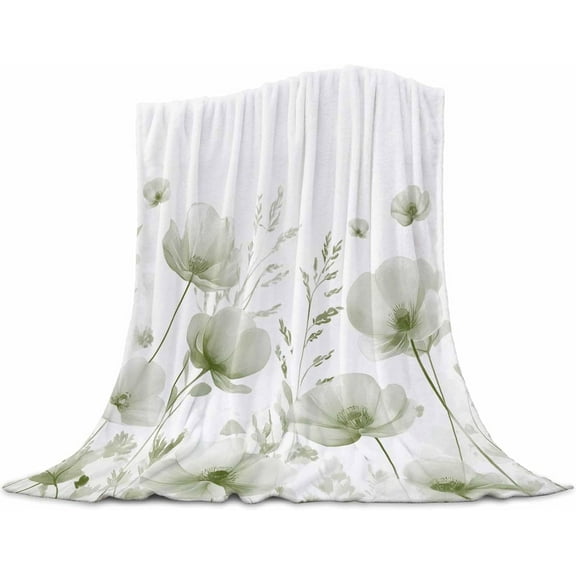 Throw Blanket Fleece Blanket for Couch, Watercolor Vintage Sage Green Flowers Soft Microfiber Fuzzy Blanket Lightweight Cozy Blanket for Home Bed Sofa 40 x 50 Inch