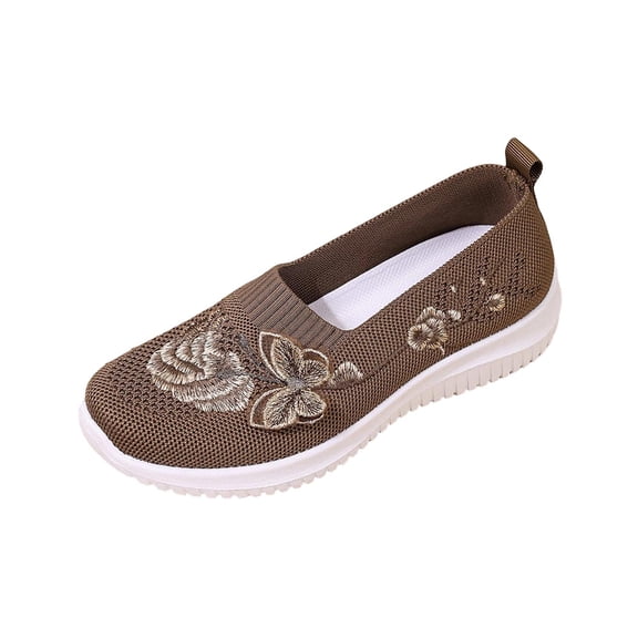 Womens Breathable Mesh Slip On Walking Shoes Brown Floral Embroidery Lightweight Cushioned Sneakers,Size 9.5