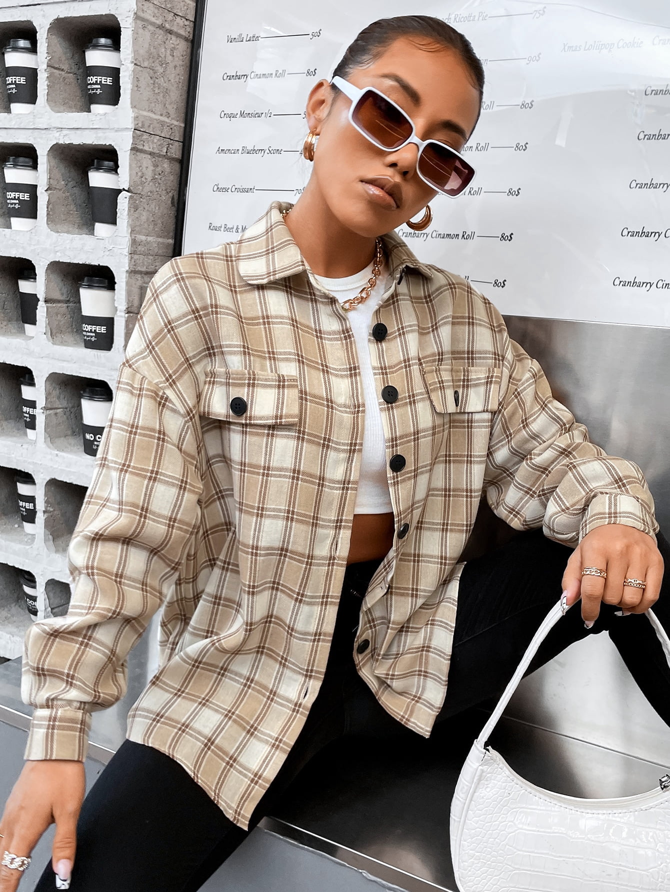 Women's Plaid Button Front Oversized 