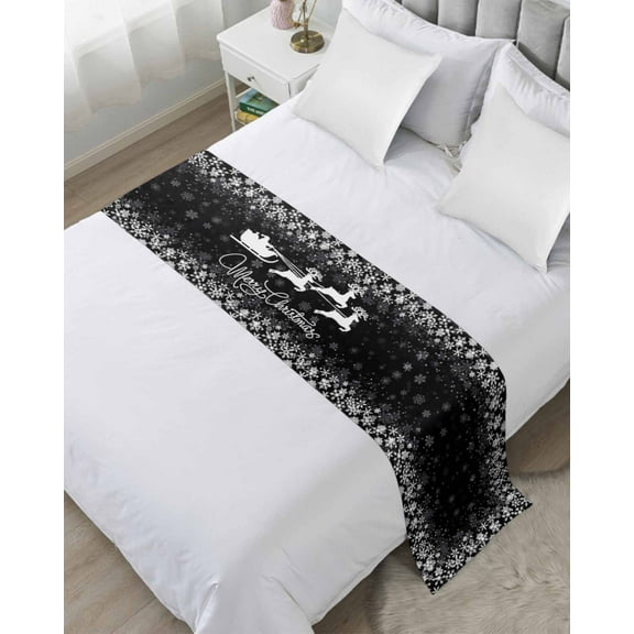 Xipuska Christmas Elk Bed Runners for King Size Bed, Decorative Bed Throws for Foot of Bed, Winter Santa Claus Xmas Snowflakes Black Bed Runner Sofa Throw Bedding Scarf Slipcover for Bedroom