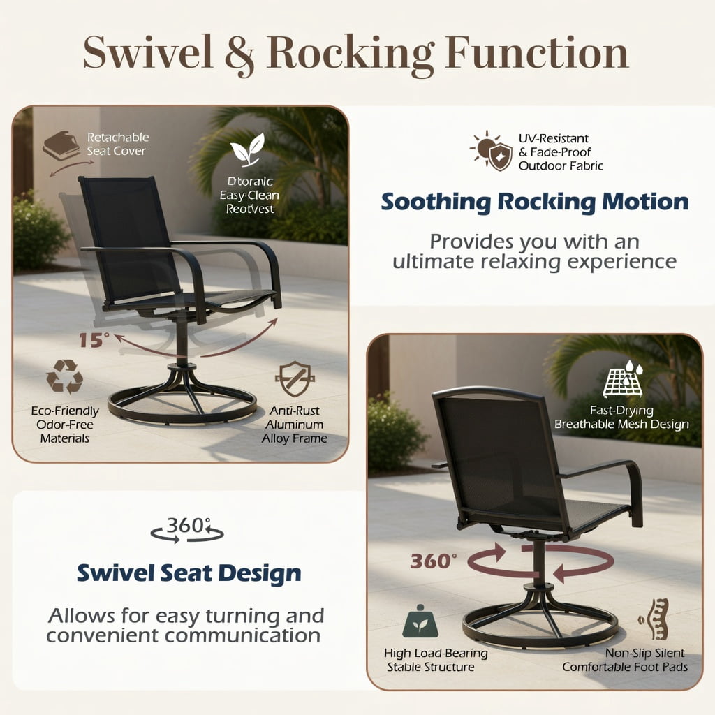 Hommoo 2-Piece Outdoor Swivel Chairs Set, High-Back, Breathable Mesh Seat, 360° Rotating & Gentle Rocking, Powder-Coated Metal Frame, Black