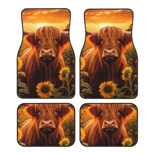 Balery Vintage Sunflower Cow B Juego de 4 Alfombrillas para Auto, Revestimientos de Caucho Resistente, Diseño Antideslizante