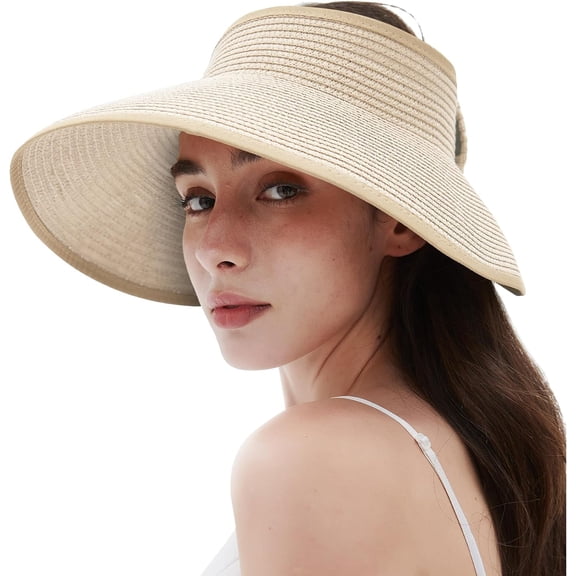 Women's Sun Visor Hat Wide Brim Straw Beach Hat Ponytail Hat for Women Foldable Floppy