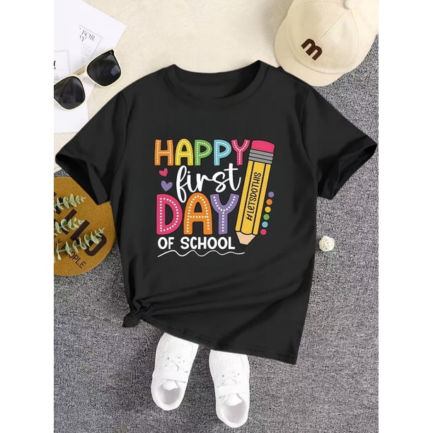 Boys' Casual Crew Neck T-Shirt - "Happy First Day of School" Colorful Print, Lightweight Cotton, Spring/Summer Regular Fit Tee for Casual Attire, Casual Shirt | Playful Graphic Tee | Comfor