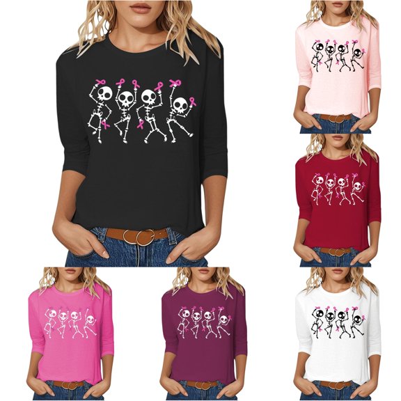 Trendfront Womens Skeleton Ribbon Graphic T Shirts Crewneck 3/4 Sleeve Awareness Print Casual Support Tee Tops