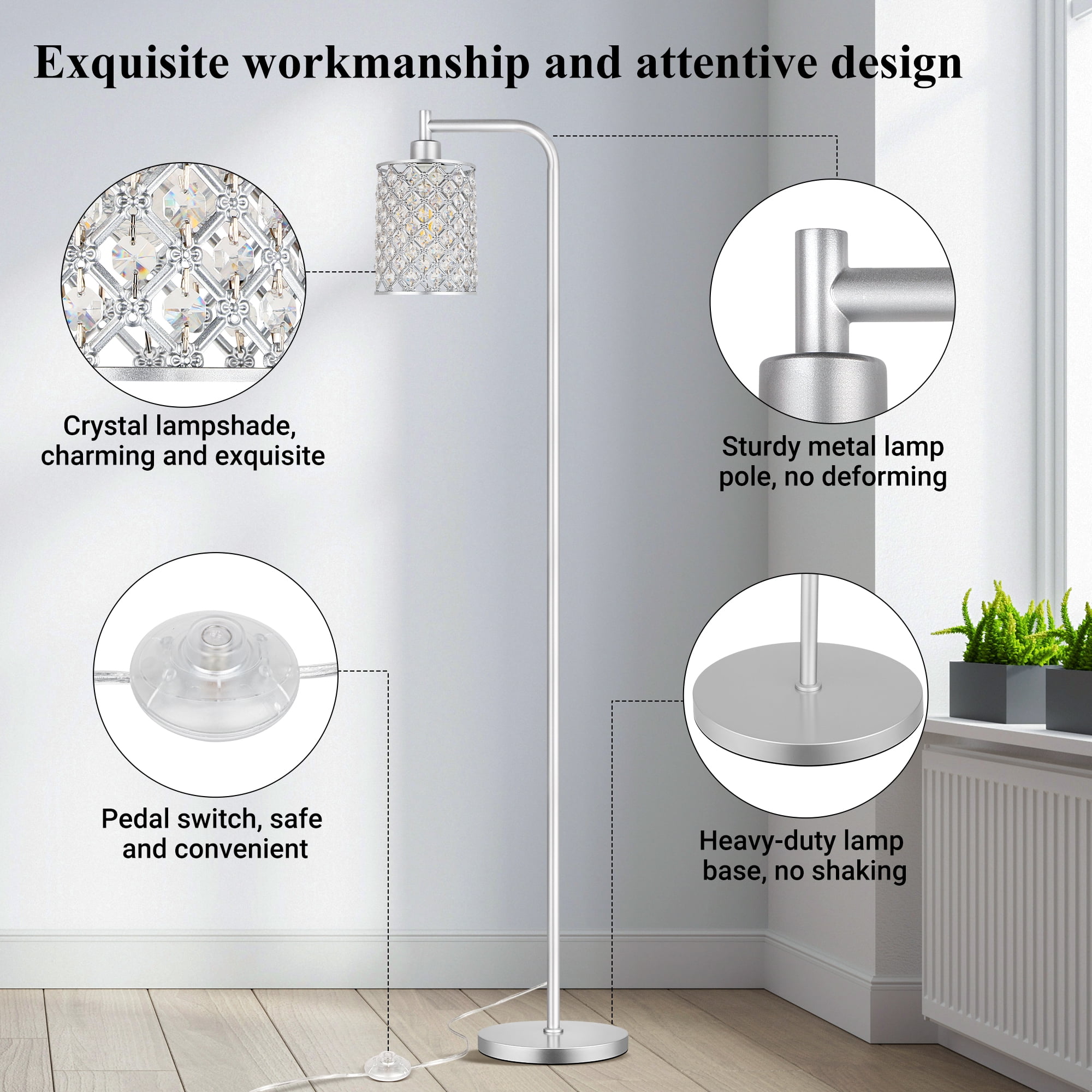 67” Industrial Floor Lamp for Living Room, Modern Standing Lamp with Crystal Lampshade Tall Lamp for Bedroom Study Room, Silver