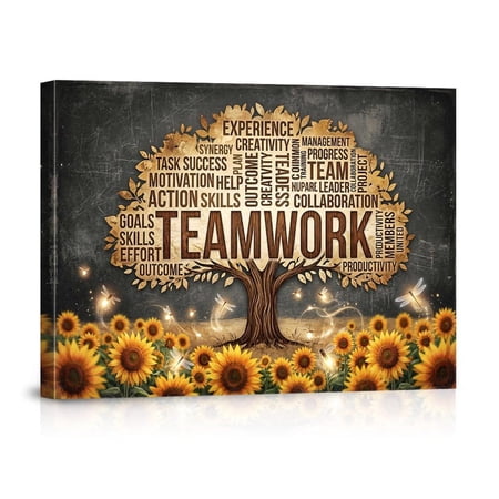 Teamwork Motivational Tree Of Words With Sunflowers Glowing Wall Art Curated Inspirational Theme For Home Office And Gallery Wall Decor