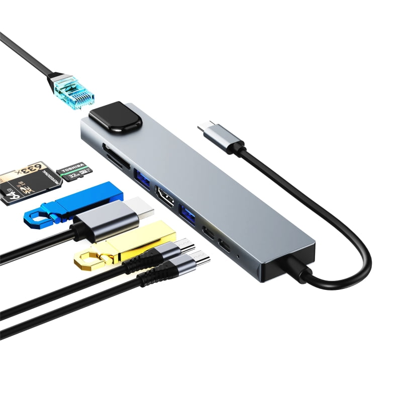 DOONJIEY  8 In 1 USB Multi Port Hub Custom Portable USB C Splitter USB OTG Card Reader Hub Ethernet Adapter