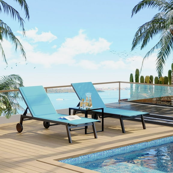 Huisuilinss Patio Chaise Lounge Chair Set,3 Piece Outdoor Chaise Lounge Set,Outdoor Lounge Chair With Side Table,Adjustable Backrest,Lounge Chair Recliner With Wheels For Beach Pool Backyard Porch