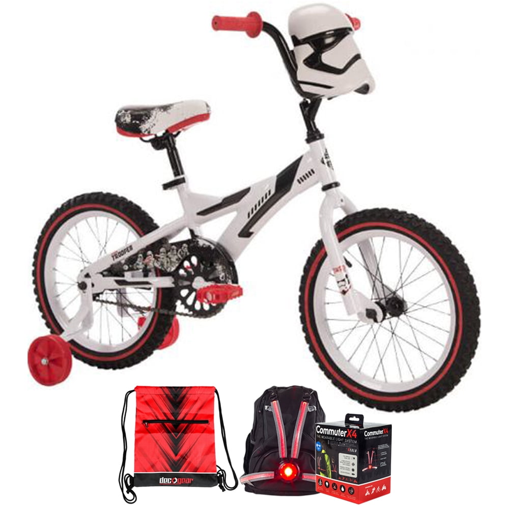 Huffy 31627 Star Wars Stormtrooper Boys Bike with Training Wheels 16-inch Bundle with Veglo Commuter X4 Wearable Rear Light System and Deco Essentials Drawstring Bag 