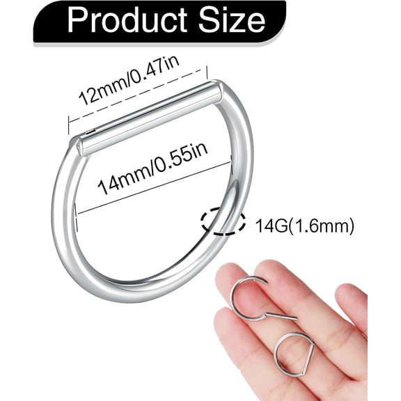 GHRTGR-2PCS Titanium Steel D Shaped Nipple Rings 14G for Nipple Piercing Jewelry, Higned Segment Clicker Ring 12 mm Hoops Nipple Bars for Women Men, Steel Color