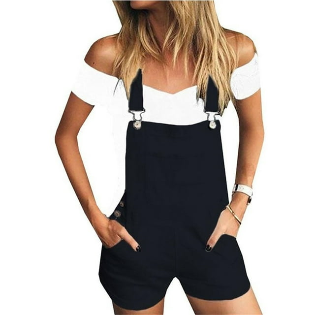 TheFound Ladies Suspender Denim Shorts Front Pocket Casual Short Trousers