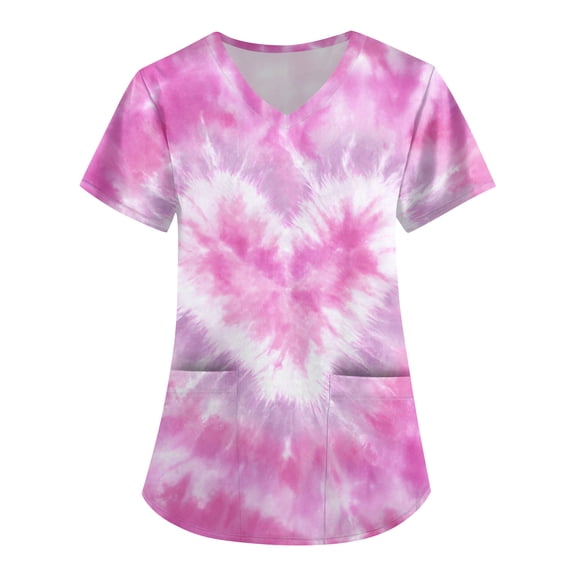 Valentine Day Scrubs for Women Love Heart Print Cute V Neck Medical Scrub Tops Short Sleeve Quick Dry Nursing Uniforms with Pockets Pink XL