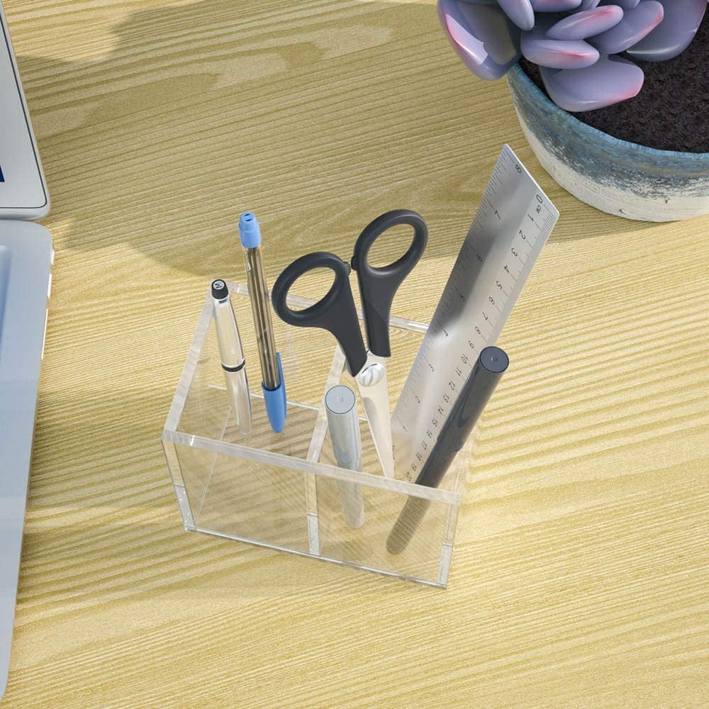 Acrylic Pen Holder 2 Compartments, Clear Pencil Organizer Cup for Countertop Desk Accessory Storage