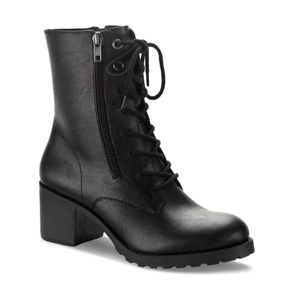 SUN STONE Womens Black Lace Up Zipper Accent Padded Lug Sole Treaded Sheilaa Round Toe Block Heel Zip-Up Combat Boots 11 M
