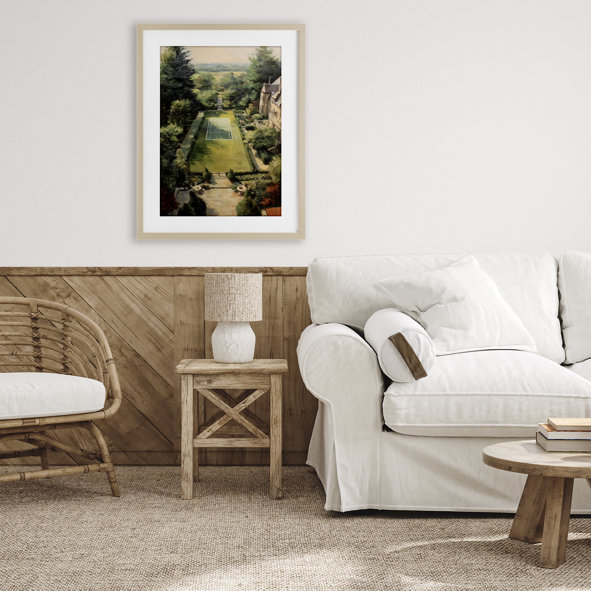 Stupell Industries Vintage Tennis At The Manor Birch Framed Print Under Glass, design by Petal Prints Design