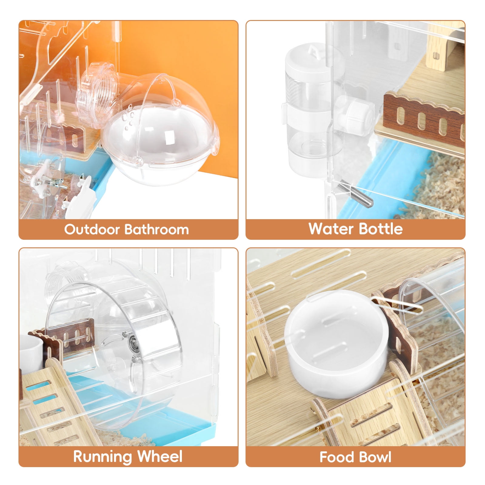 Acrylic Hamster Cage Starter Kit, Small Animal Habitat with Wheel, Water Bottle, Food Bowl, Small Hamster Habitat 360 Viewing, Hideout & Staircase,  for Dwarf, Guinea Pig, Gerbils