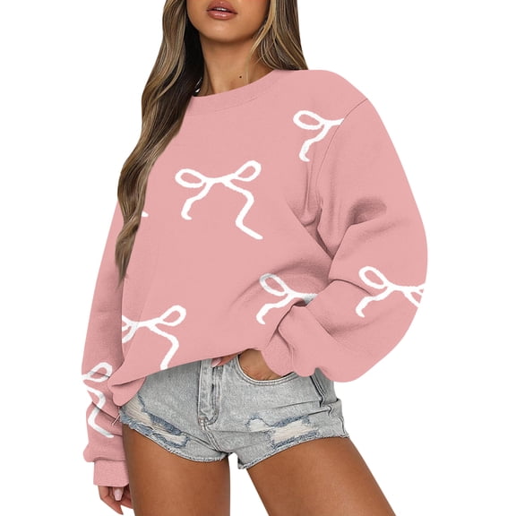 Women's Sweatshirts Cute Bow Pattern Pullover 2026 Trendy Preppy Long Sleeve Valentines Day Pullover Sweatshirts