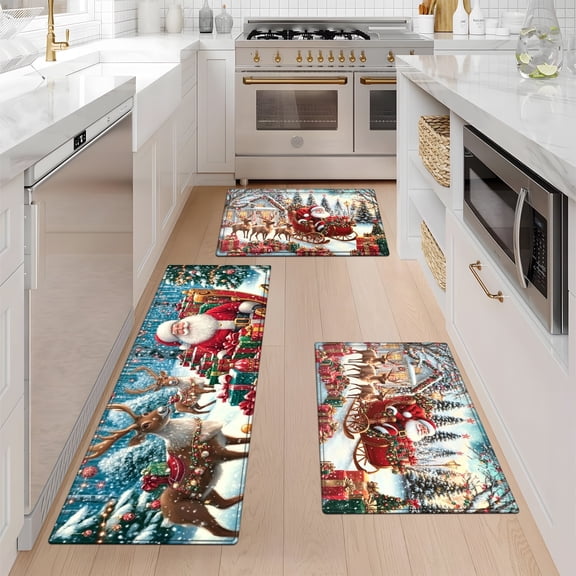 YIMEIS Merry Christmas Trees Deer Snowflakes Fall Kitchen Mats Set of 3, Winter Home Decor Low-Profile Kitchen Rugs for Floor - 3pcs 16*24 and 20*30 and 17*47 in