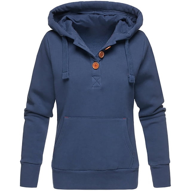 Pompotops Femmes Solide Bouton à Capuche Manches Longues Pull Tops Chemise