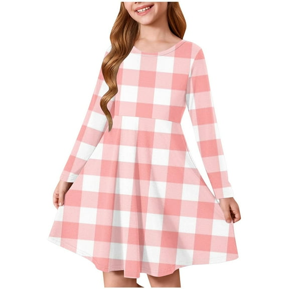 Generic Girls Christmas Dress Cute Buffalo Plaid Checkered Pattern Dresses Casual Holiday Party Dress Teen Fall Winter Costume