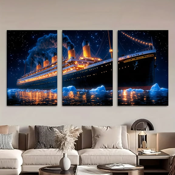 3pcs/set, Canvas painting--Unframed, Titanic at night, Posters and prints, living room, library, office, cafe, bar, abstract art, perfect birthday, holiday gift, Valentine's Day, Easter egg