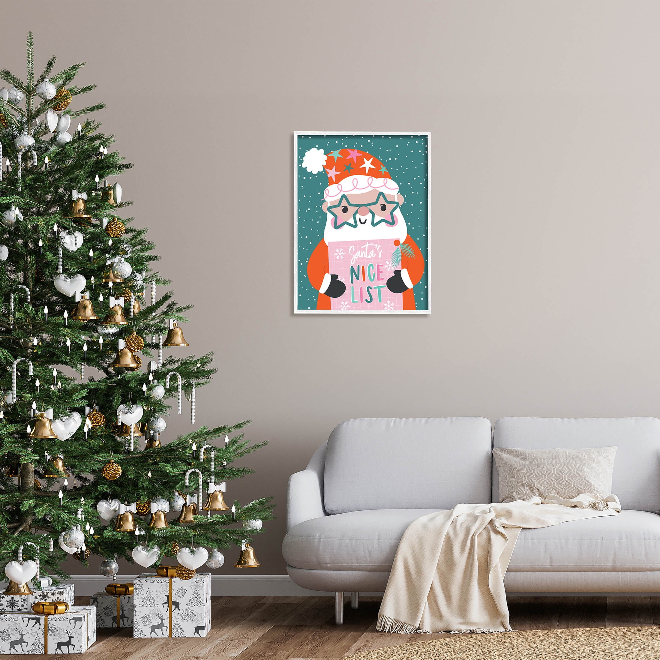 Santa's Nice List Falling Snow Holiday Graphic Art White Framed Art Print Wall Art