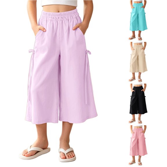 Vrotazzy Lightweight Summer Girls Wide Leg Pants in Ice Silk Solid Color for Daily Casual Comfort and Breathable Easy Care