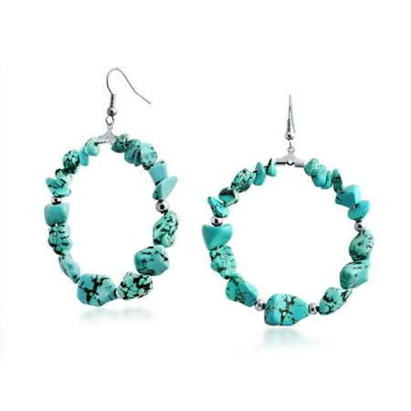 - Synthetic Turquoise Beads Large Hoop Earrings Rhodium Plated Brass