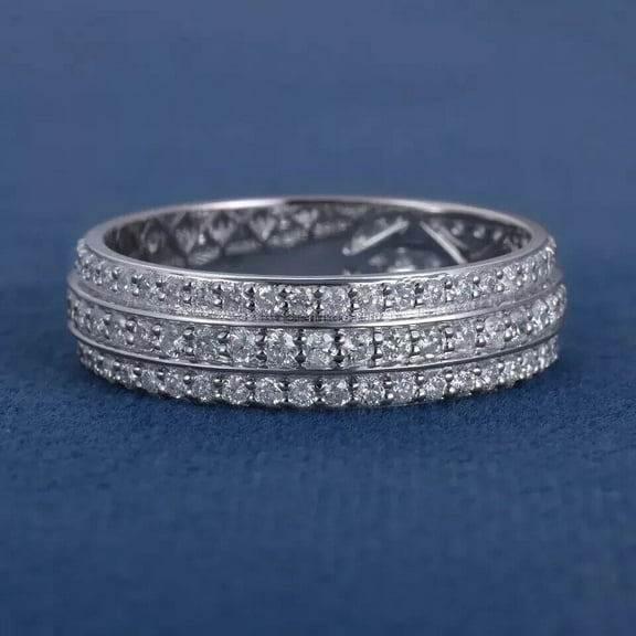 14K White Gold Plated Three Row Men's Wedding Band Ring Round Cut Diamond