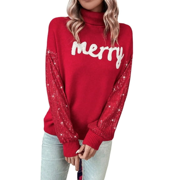 Women's Racing Red Merry Graphic Turtleneck Sweater with Sequin Sleeves | [ZhiHiMeRi] | (US 12-14)L