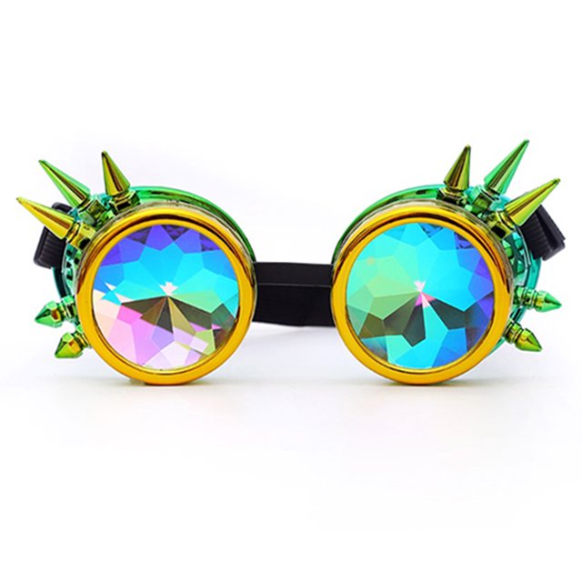 C.F.GOGGLE Rivet Kaleidoscope Rave Rainbow Crystal Lenses Steampunk Goggles, Black/ Copper/ Brass