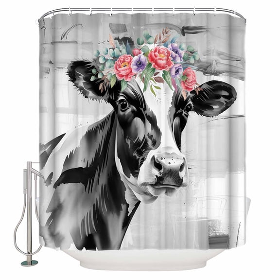 Shower Curtain, American Idyllic Wind Cow Waterproof Shower Curtain Set with Hooks for Bathroom Showers,Stalls and Bathtubs,72x72In Farm Wildflowers Leaves