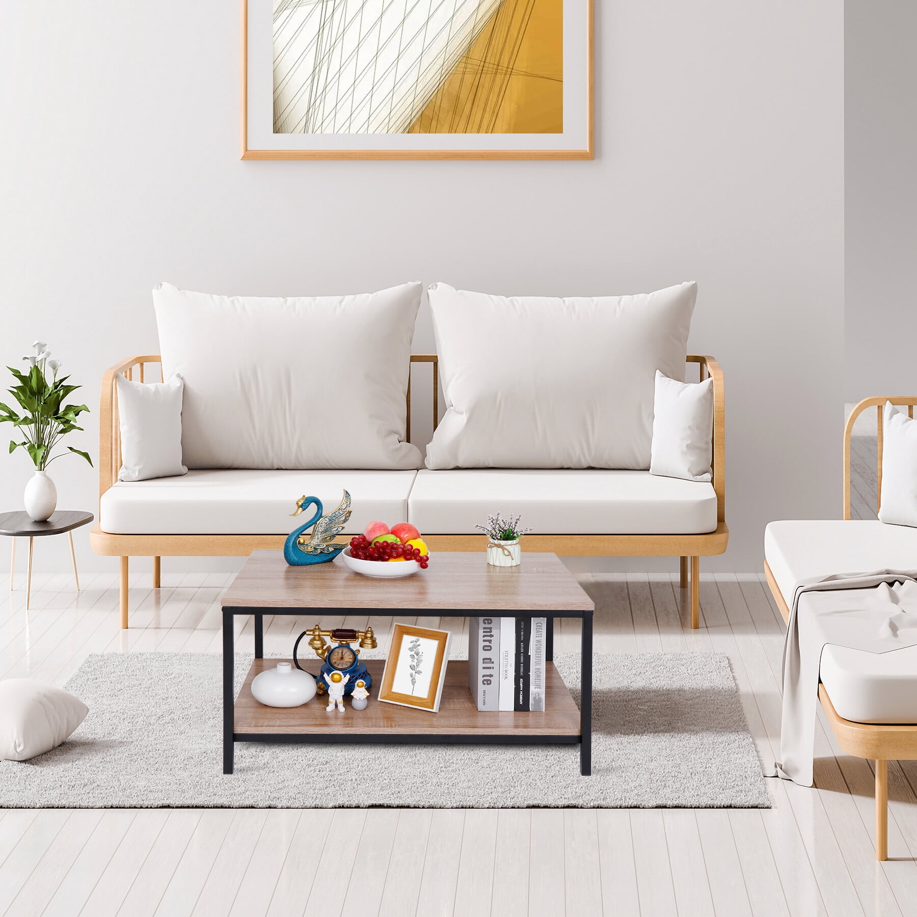 ZenSports Rectangle MDF Coffee Table W/Storage Shelf, Metal Cocktail Table, Natural