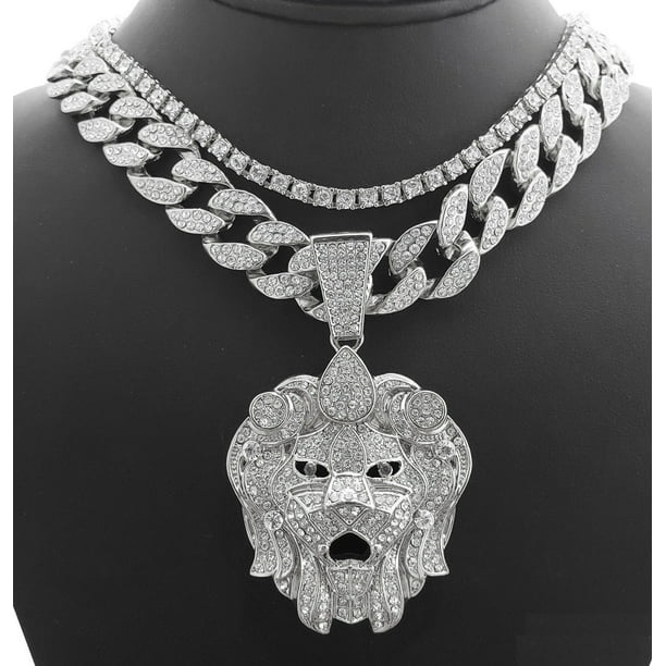 Hip Hop Icy Bling Stoned White Gold Tone Plated Lion Head w/ 24