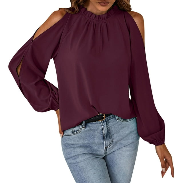 Blusa de manga larga de último diseño para mujer - Top holgado de color liso, camisa informal de moda