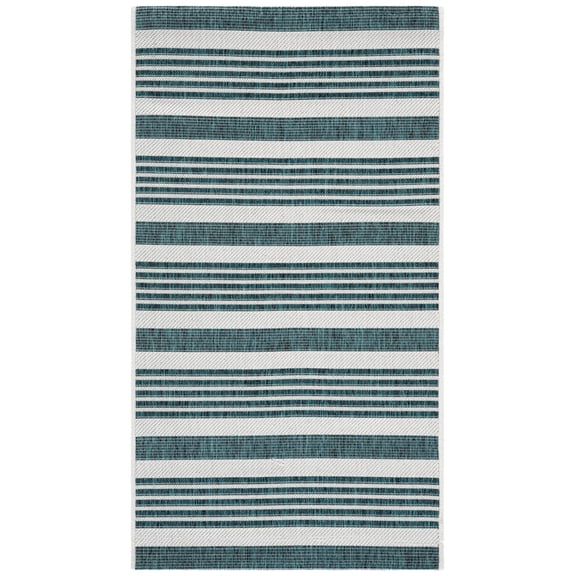 SAFAVIEH Courtyard Patrice Striped Indoor/Outdoor Area Rug, Ivory/Teal, 2' x 3'7"