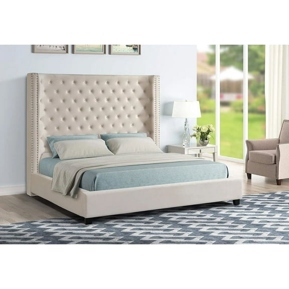 Bedroom Furniture California King Platform Bed, Velvet Upholstered 1Pc Bed w/ Wingback Tufted Headboard, Beige