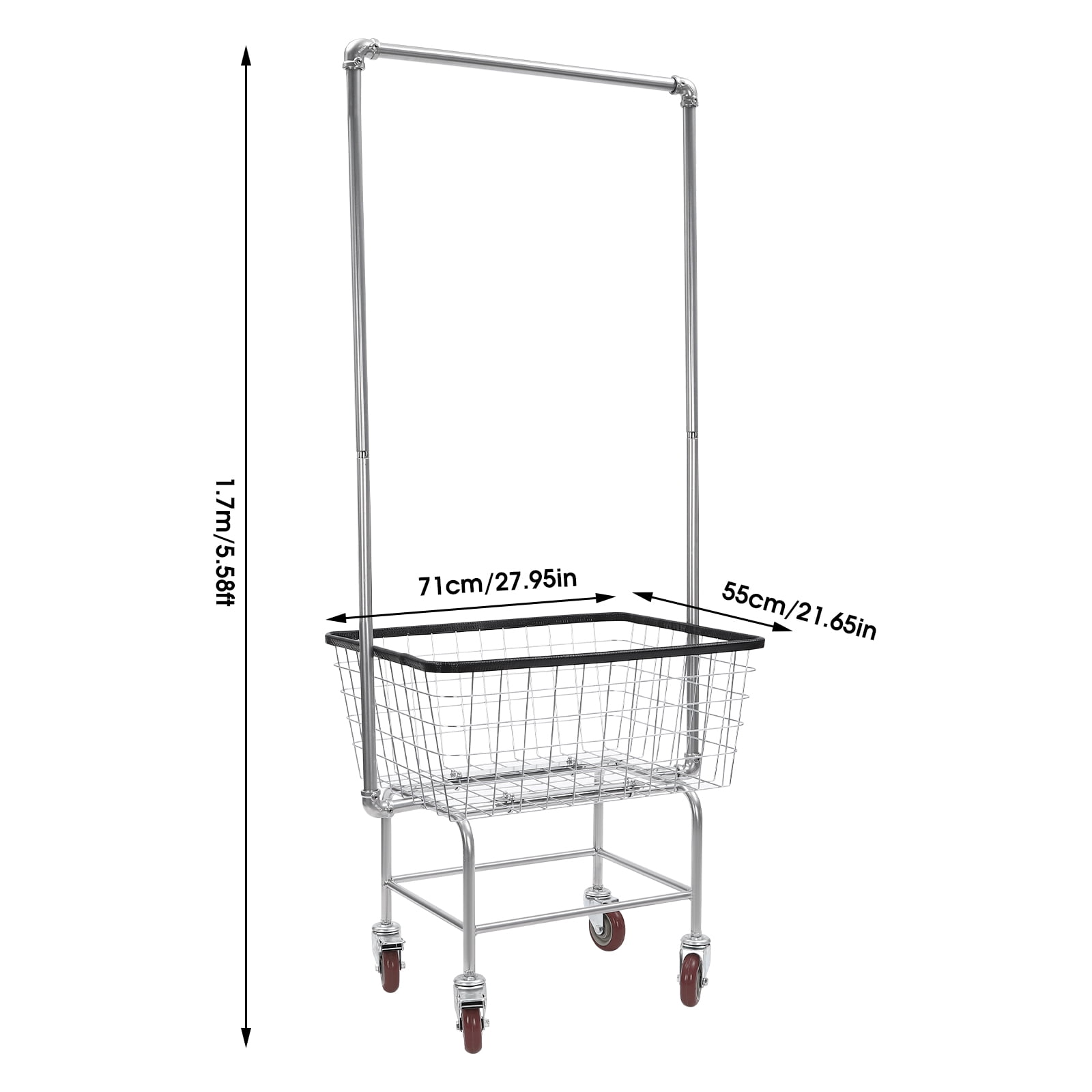 Heavy Duty Laundry Cart 110 lbs Capacity Steel Rolling Hamper with Wheels 5.6 ft Tall for Home, Hotel, Commercial Laundry