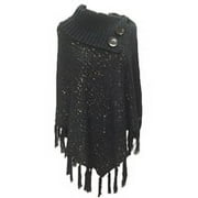 Tan's Sequin Cowl Turtleneck Poncho Sweater, One Size, Black