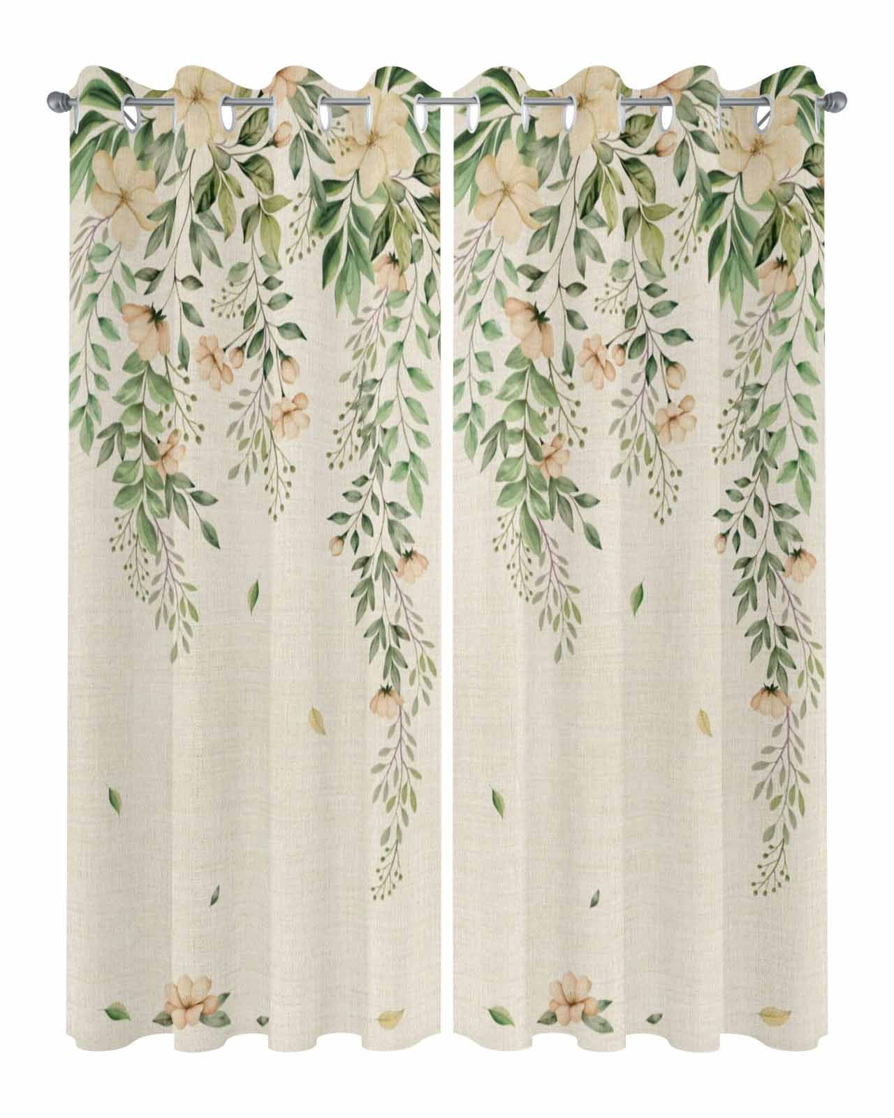 Spring Flowers Outdoor Curtains for Patio, Watercolor Beige Floral Falling Green Leaf Plant Linen Texture Waterproof Weatherproof Outside Privacy Curtains Outdoor Drapes for Porch 54x95 Inch, 2 Panel