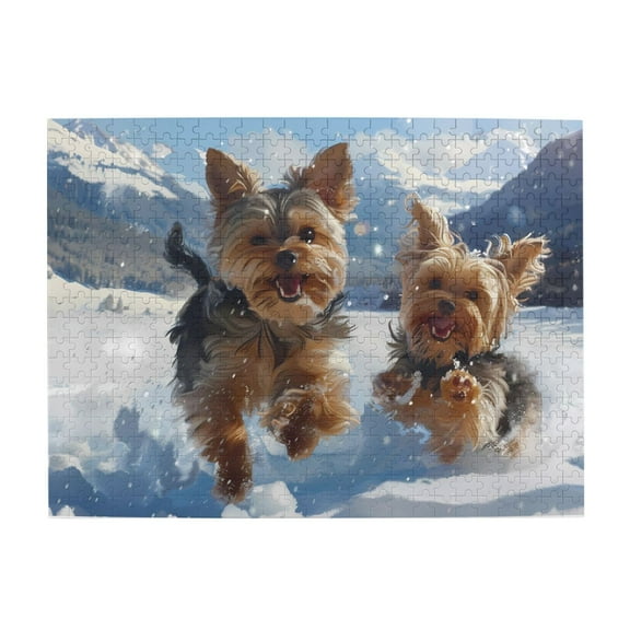 500-Piece Wooden Jigsaw Puzzle for Adults - Yorkies Playing In Snow , Fun & Challenging Brain Teaser, Stylish Home Decor & Unique Gift
