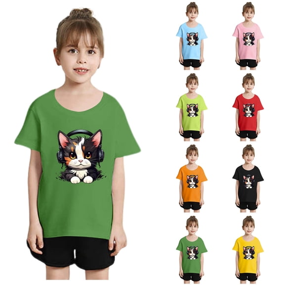 Weebloom Kids Girls T Shirts Kid Cute Cat Fashion Printed Round Neck Short Sleeve Tee Summer Soft Loose Tops For Toddler Youth Teen T Shirt 2-14 Years