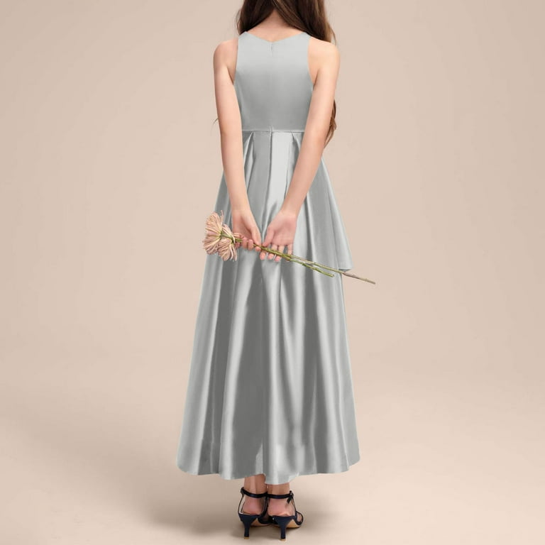BTDECLAR Flower Girl Dress A-line Scoop Asymmetrical Satin Junior Bridesmaid Dress with Cascading Ruffles, Infant Unisex, Size: 12-13 Years