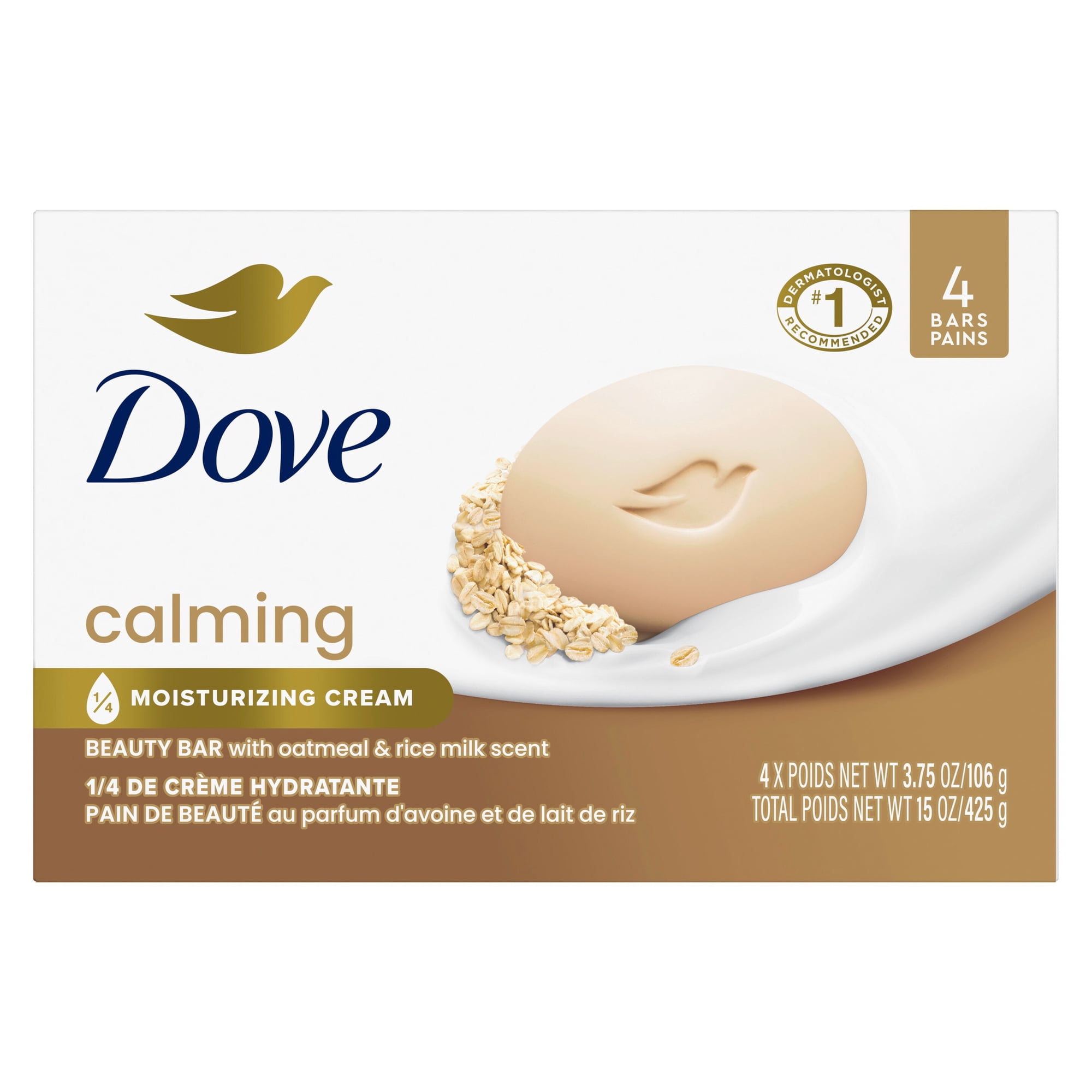 Dove Beauty Bar Soap For Calm, Replenished Skin, Calming Oatmeal & Rice Milk, Tranquil and Hydrated Skin, 3.75 oz 4 Pack