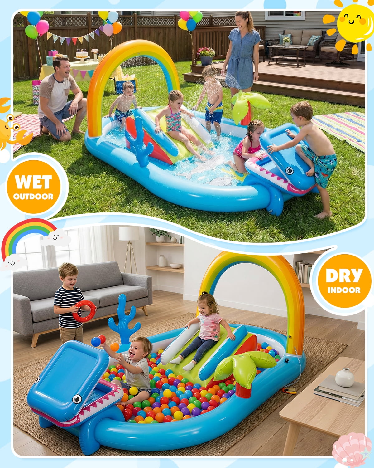 Qhomic 6-in-1 Inflatable Play Center with Pool, Indoor/Outdoor Water Park Pool with Water Slide, Shark-Shaped Ball Toss, Water Sprinklers, Ring Toss Game, Dry & Wet Use