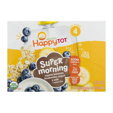 (8 Count) Happy Tot Organics Stage 4 Super Morning Bananas, Blueberries, Yogurt & Oats + Super Chia Baby Food, 4
