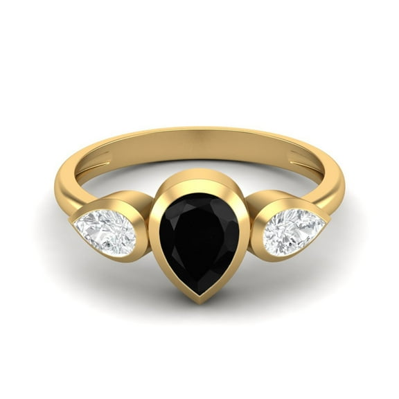 1.25 Cts Bezel set Pear Black Spinel 925 Sterling Silver Gold Vermeil Three Stone Women Mother's Day Gift Ring